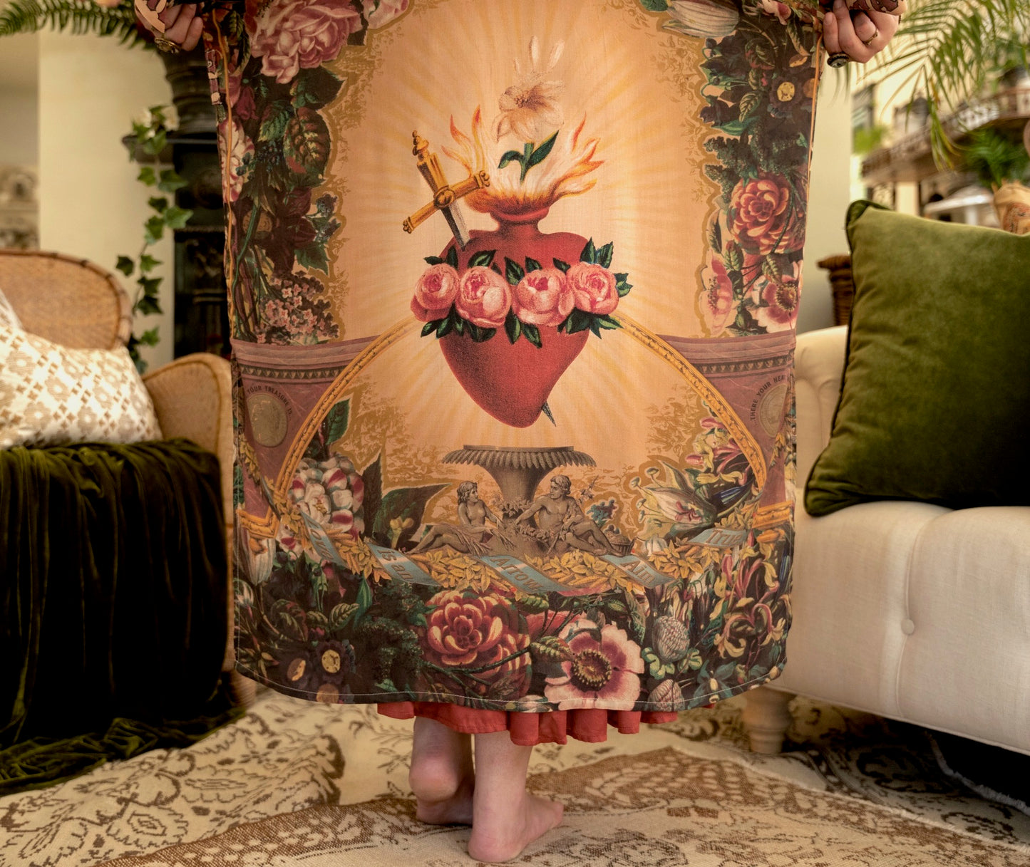 Model wearing Take Heart Opera Duster featuring Victorian Sacred Heart art, hidden affirmations of love, courage, and strength on bamboo-based viscose – Market of Stars