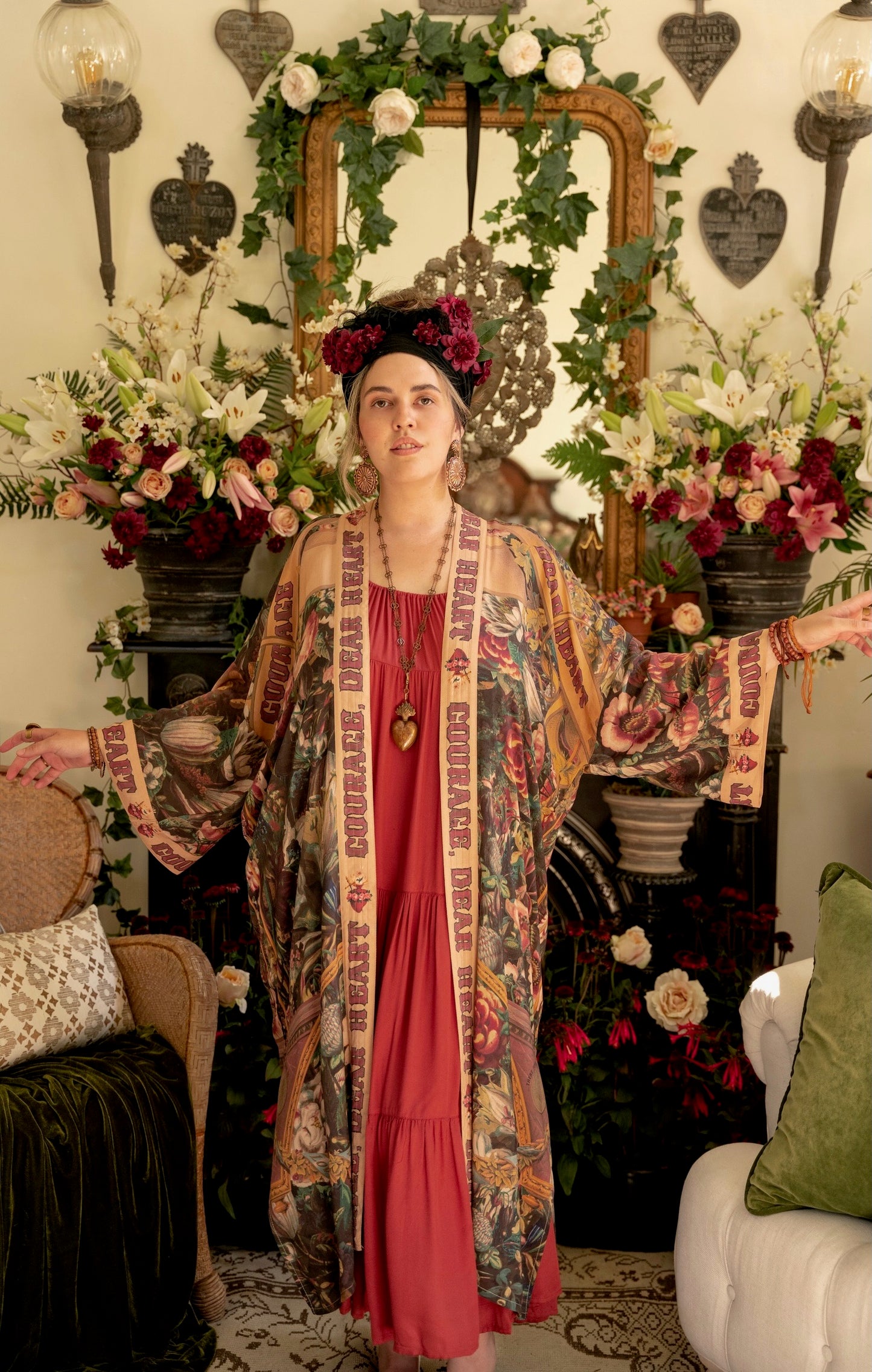 Model wearing Take Heart Opera Duster featuring Victorian Sacred Heart art, hidden affirmations of love, courage, and strength on bamboo-based viscose – Market of Stars