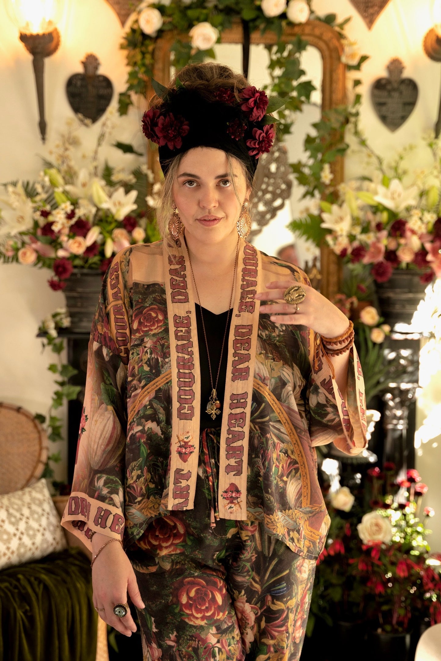 Model wearing Courage Dear Heart Pixie cut Duster featuring Victorian Sacred Heart art and hidden affirmations of courage and love on bamboo-based viscose – Market of Stars.