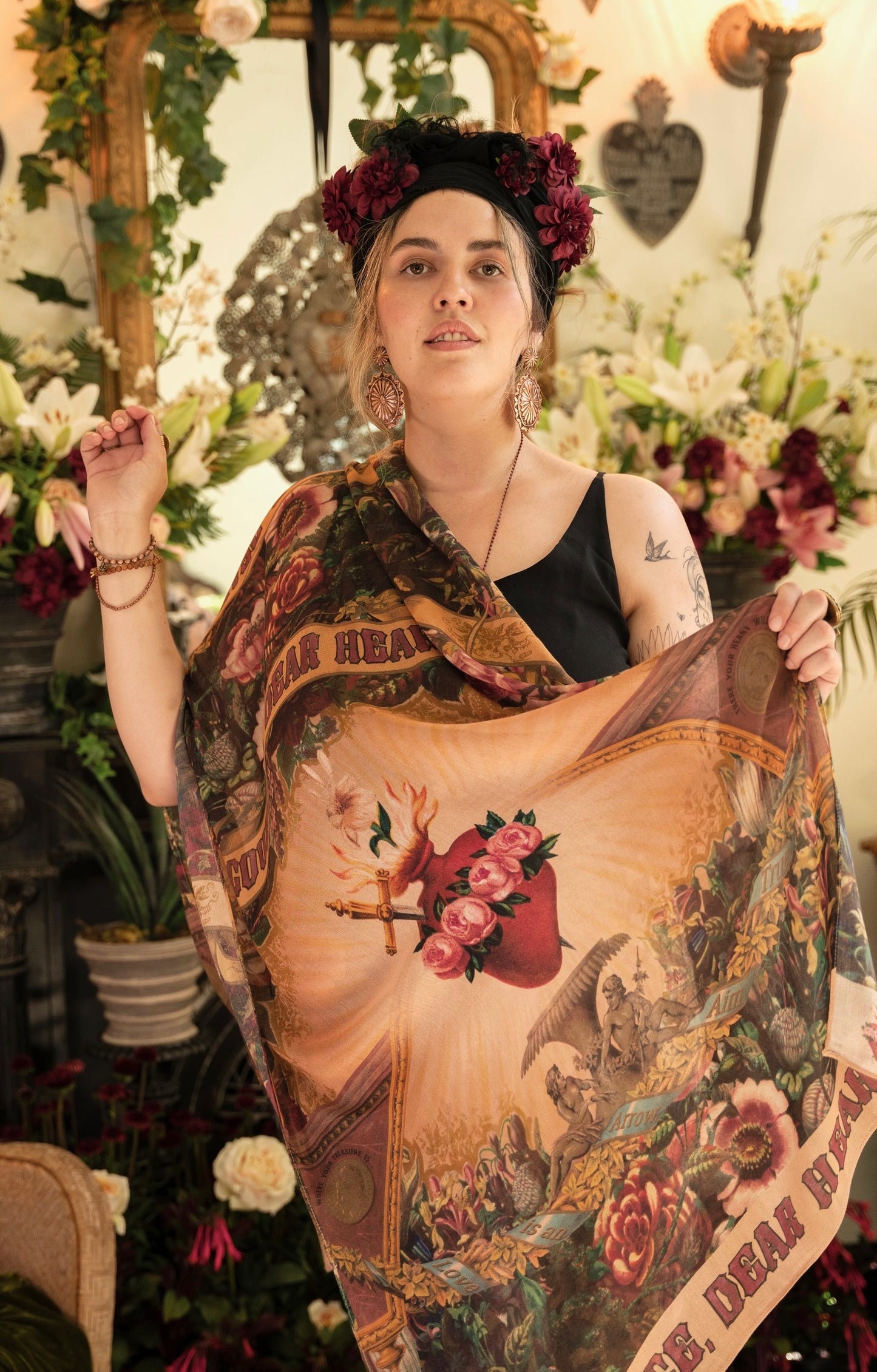Model wearing Courage Dear Heart scarf featuring Victorian lithographs, Sacred Heart art, and hidden messages of love, faith, and courage on soft bamboo viscose – Market of Stars