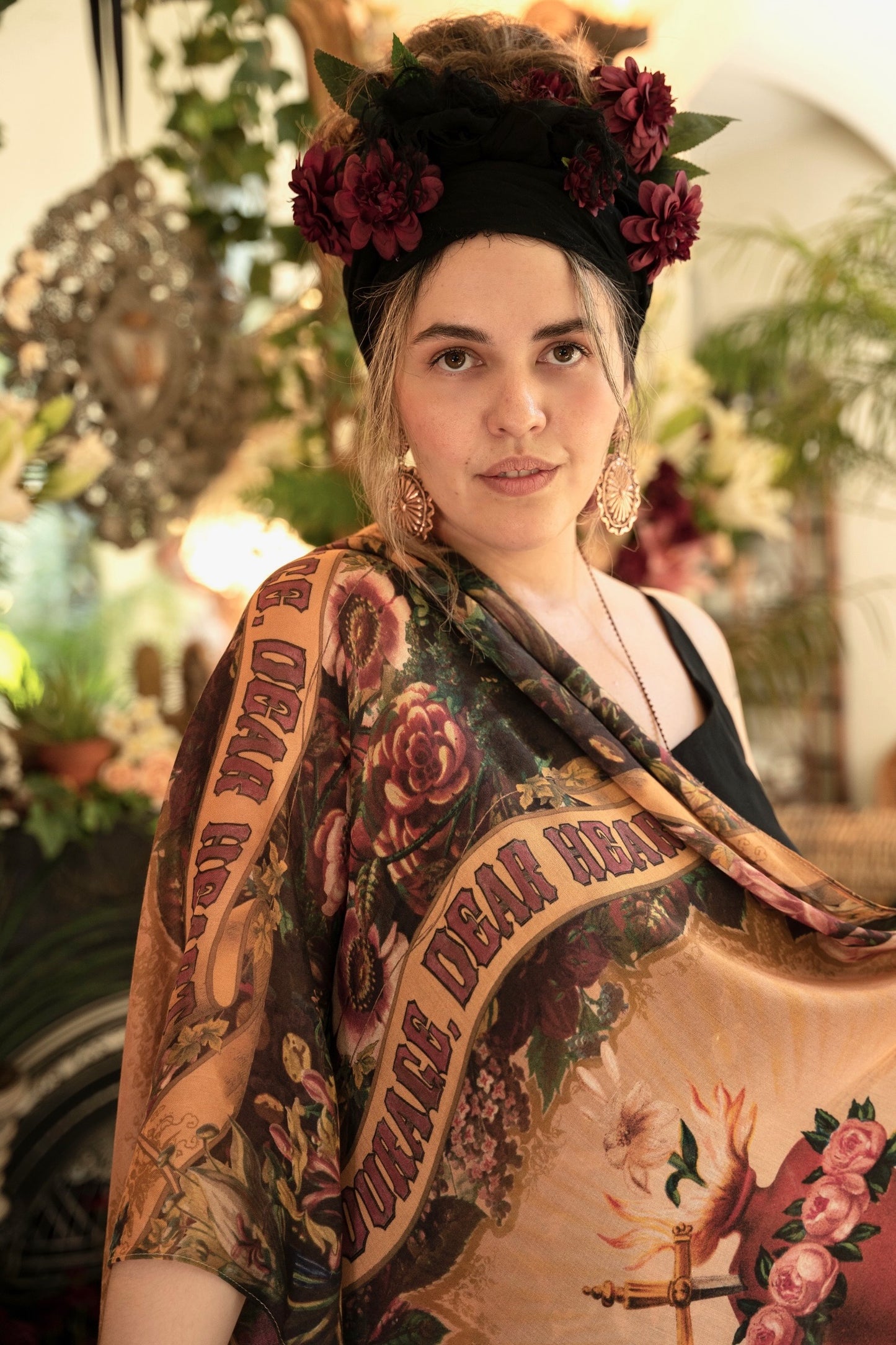 Model wearing Courage Dear Heart scarf featuring Victorian lithographs, Sacred Heart art, and hidden messages of love, faith, and courage on soft bamboo viscose – Market of Stars