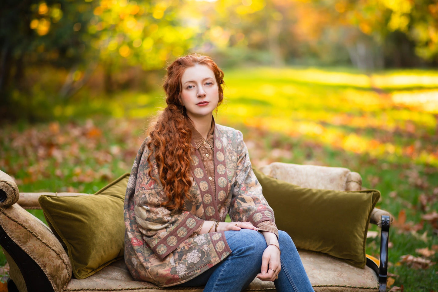 Model wearing Dreamweaver Cottage Cardigan featuring Mucha’s 1896 zodiac woman with celestial crown, printed on cozy fleece-lined cotton blend – Market of Stars