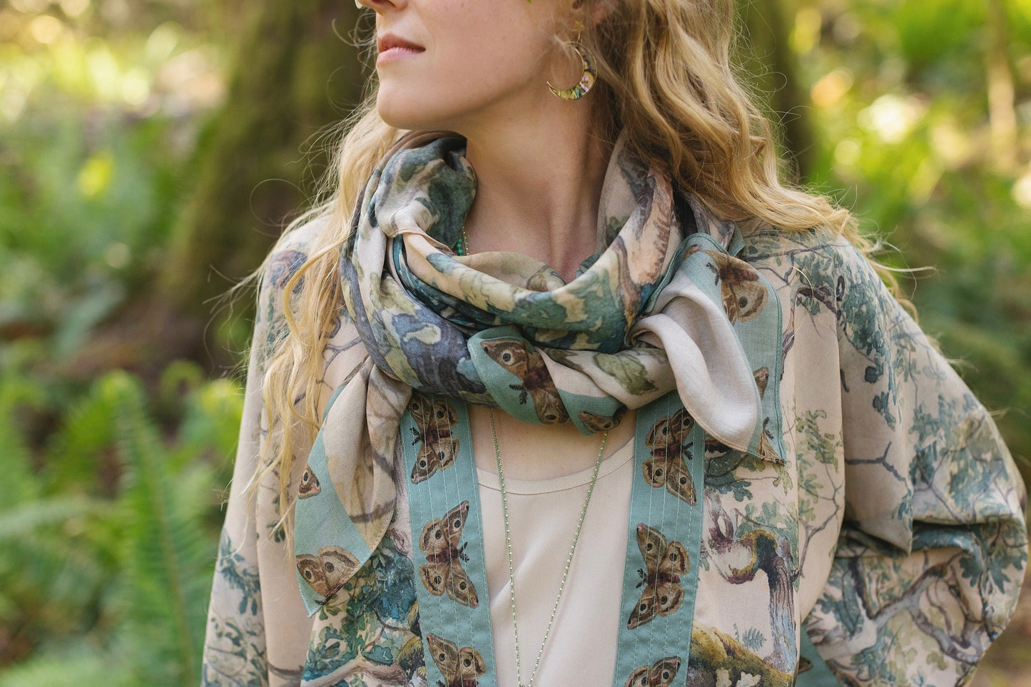 Scarf inspired by Charles Aston’s tree paintings and antique moth artwork – a light, airy accessory perfect for daydreamers and nature lovers – Market of Stars.