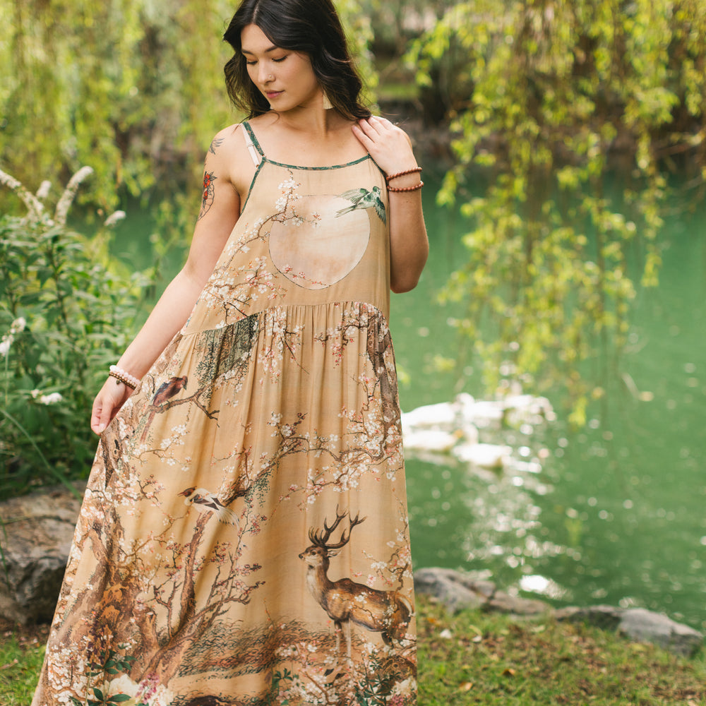 Fable bamboo viscose slip dress featuring antique Japanese art, cherry and peach blossoms, nightingales, deer, and French block prints - Market of Stars