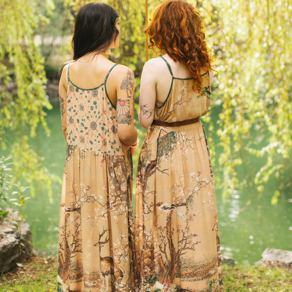 Fable bamboo viscose slip dress featuring antique Japanese art, cherry and peach blossoms, nightingales, deer, and French block prints - Market of Stars