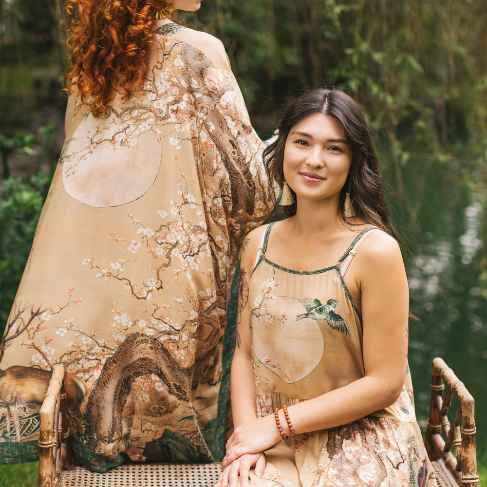 
                  
                    Fable bamboo viscose slip dress featuring antique Japanese art, cherry and peach blossoms, nightingales, deer, and French block prints - Market of Stars
                  
                