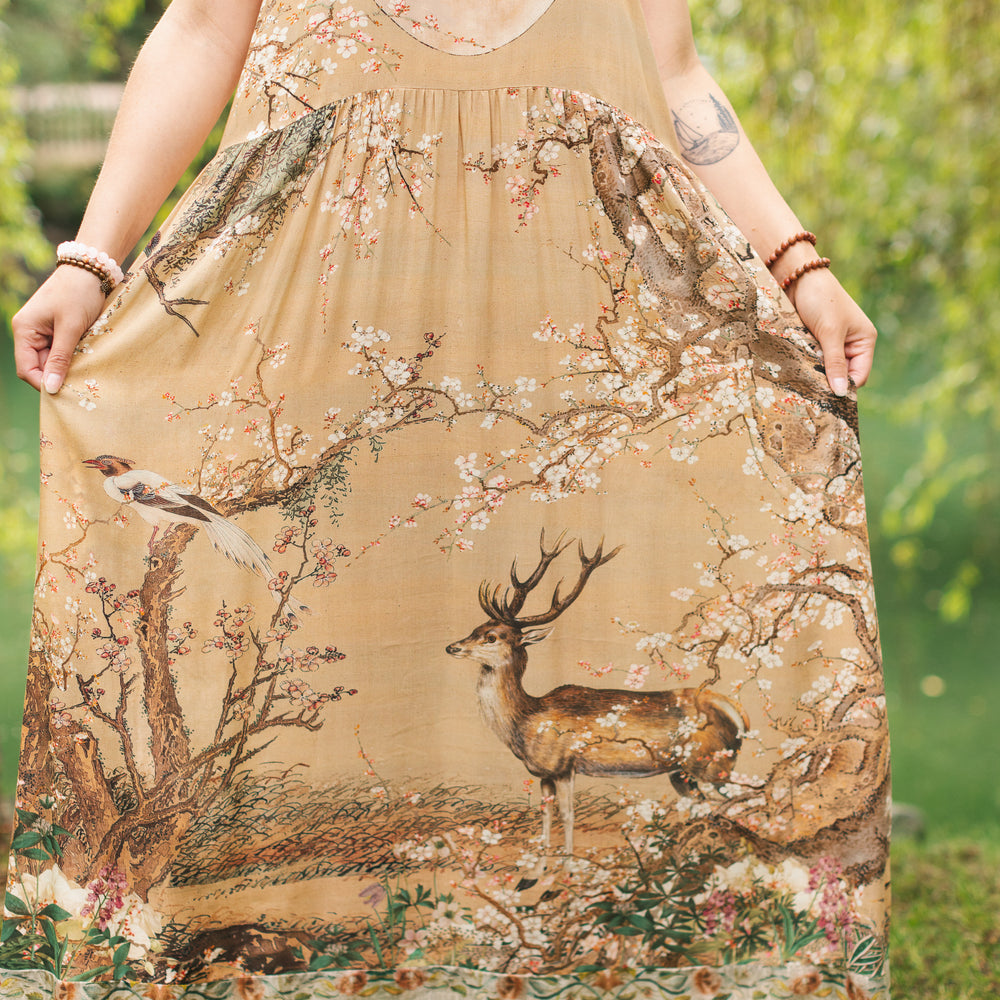 
                  
                    Fable bamboo viscose slip dress featuring antique Japanese art, cherry and peach blossoms, nightingales, deer, and French block prints - Market of Stars
                  
                