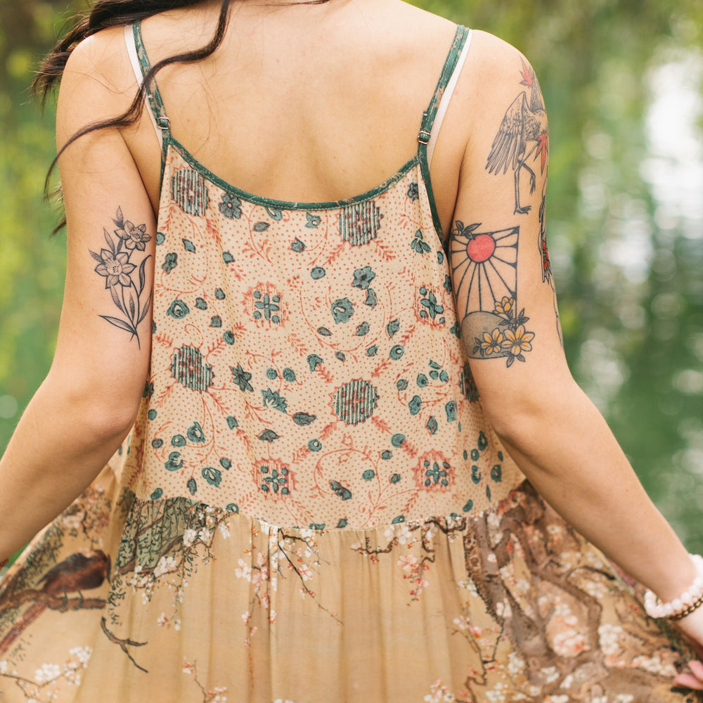 
                  
                    Fable bamboo viscose slip dress featuring antique Japanese art, cherry and peach blossoms, nightingales, deer, and French block prints - Market of Stars
                  
                
