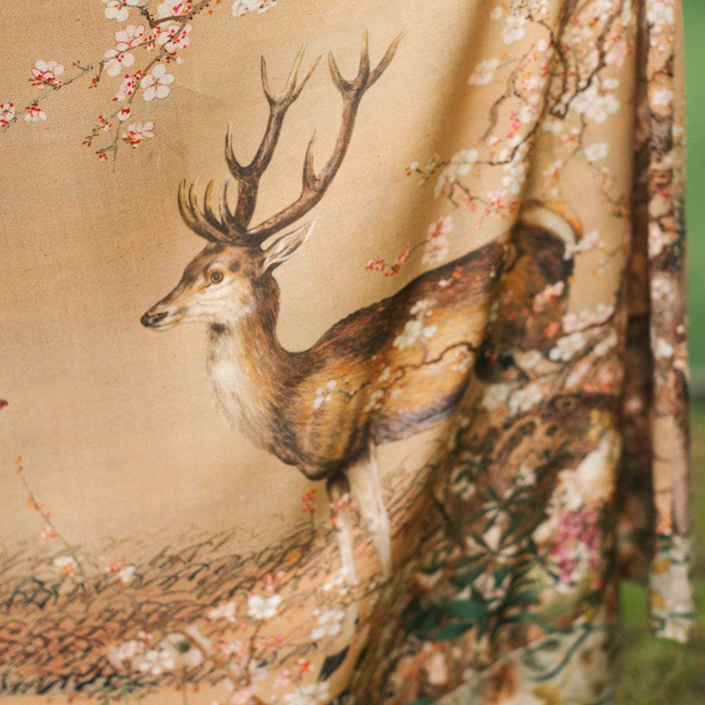 
                  
                    Fable bamboo viscose slip dress featuring antique Japanese art, cherry and peach blossoms, nightingales, deer, and French block prints - Market of Stars
                  
                