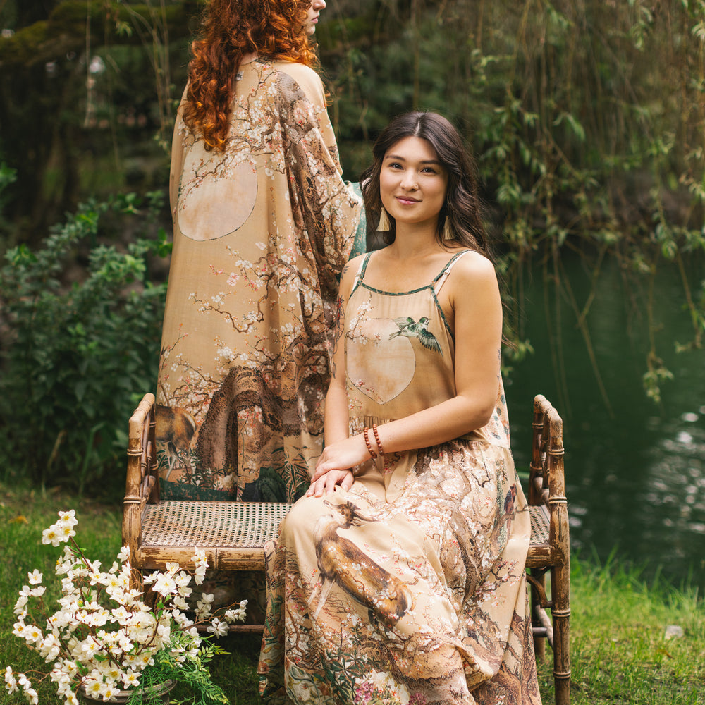 
                  
                    Fable bamboo viscose slip dress featuring antique Japanese art, cherry and peach blossoms, nightingales, deer, and French block prints - Market of Stars
                  
                