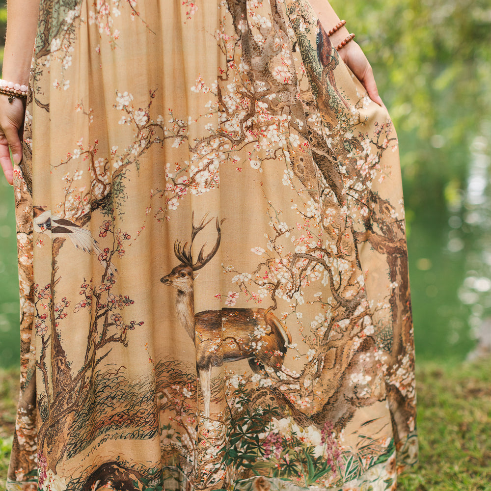 
                  
                    Fable bamboo viscose slip dress featuring antique Japanese art, cherry and peach blossoms, nightingales, deer, and French block prints - Market of Stars
                  
                