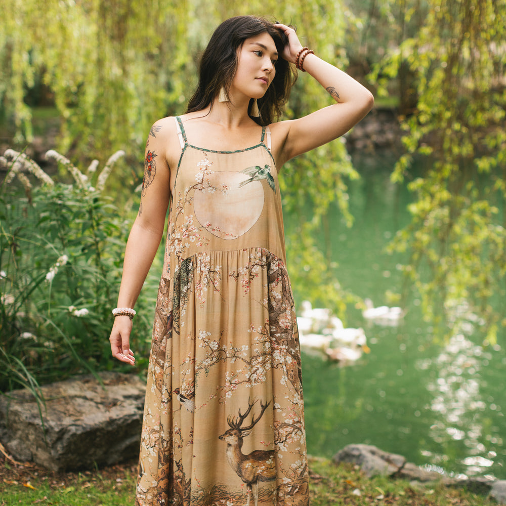 
                  
                    Fable bamboo viscose slip dress featuring antique Japanese art, cherry and peach blossoms, nightingales, deer, and French block prints - Market of Stars
                  
                