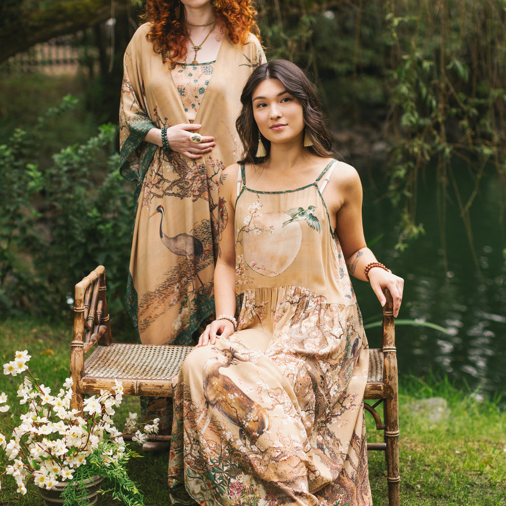 
                  
                    Fable bamboo viscose slip dress featuring antique Japanese art, cherry and peach blossoms, nightingales, deer, and French block prints - Market of Stars
                  
                
