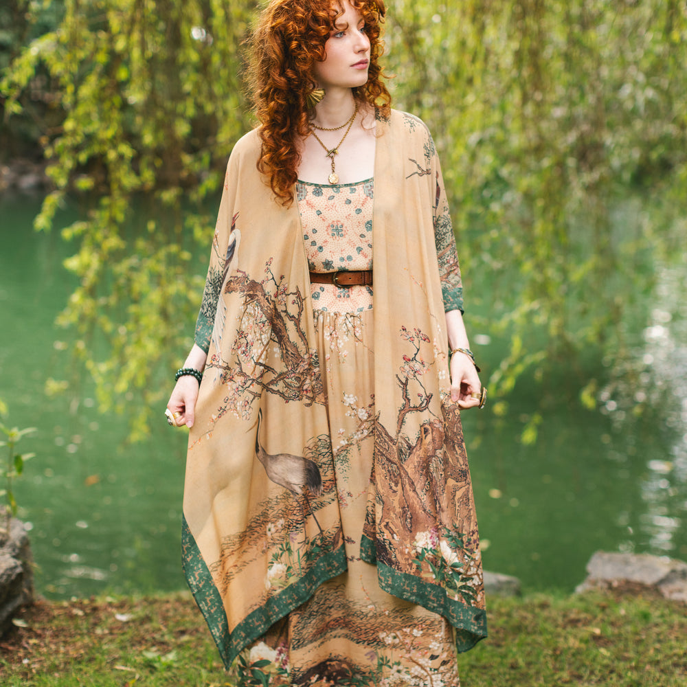 
                  
                    Fable bamboo viscose slip dress featuring antique Japanese art, cherry and peach blossoms, nightingales, deer, and French block prints - Market of Stars
                  
                