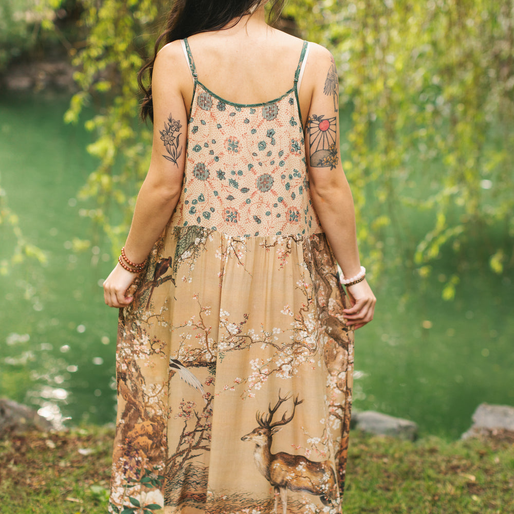 
                  
                    Fable bamboo viscose slip dress featuring antique Japanese art, cherry and peach blossoms, nightingales, deer, and French block prints - Market of Stars
                  
                