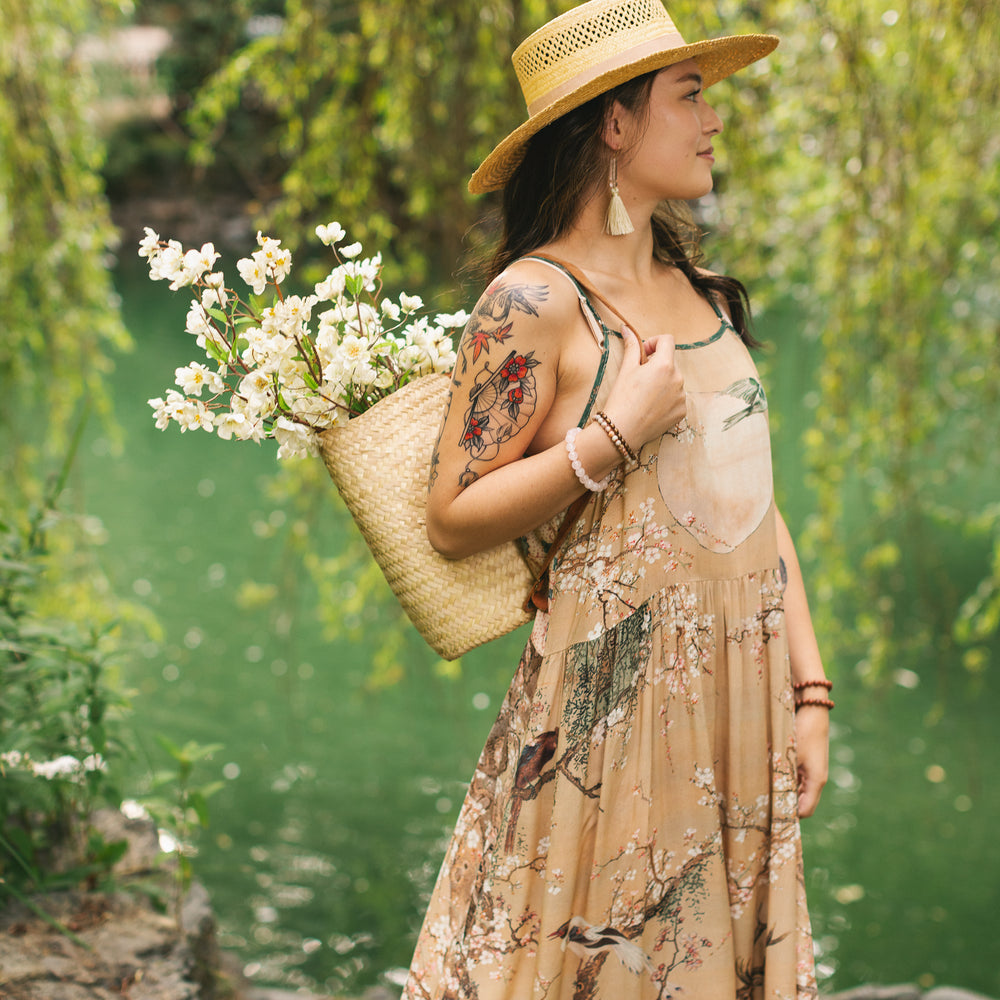 
                  
                    Fable bamboo viscose slip dress featuring antique Japanese art, cherry and peach blossoms, nightingales, deer, and French block prints - Market of Stars
                  
                