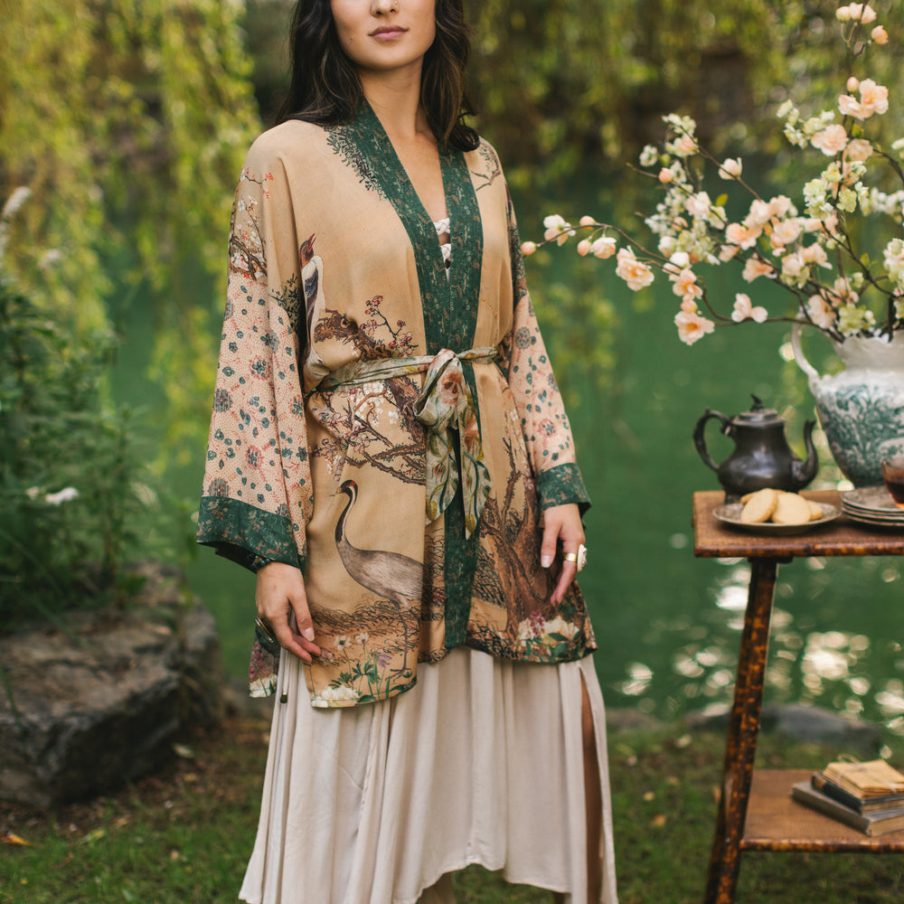 
                  
                    Fable mid-length bamboo blend duster featuring antique Japanese art, cherry and peach blossoms, nightingales, deer, and French block prints - Market of Stars
                  
                