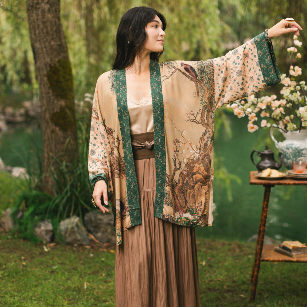 
                  
                    Fable mid-length bamboo blend duster featuring antique Japanese art, cherry and peach blossoms, nightingales, deer, and French block prints - Market of Stars
                  
                