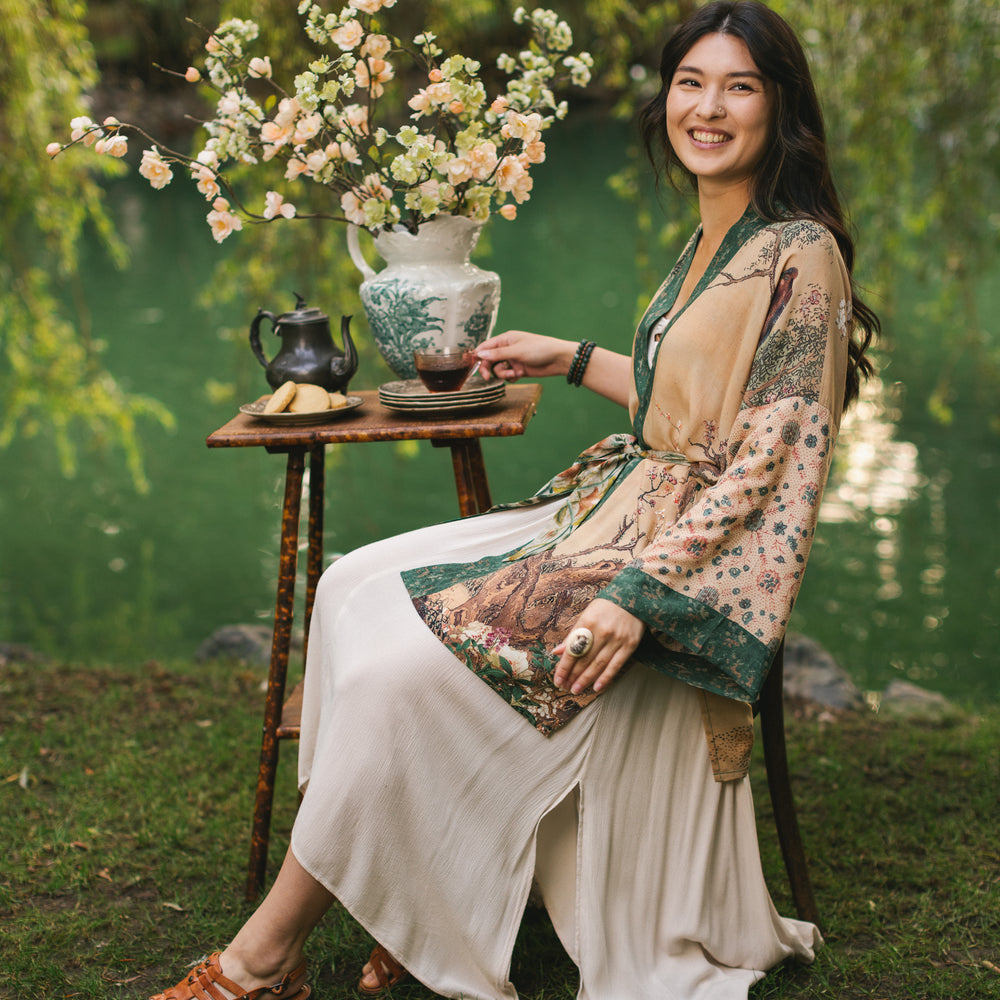 
                  
                    Fable mid-length bamboo blend duster featuring antique Japanese art, cherry and peach blossoms, nightingales, deer, and French block prints - Market of Stars
                  
                