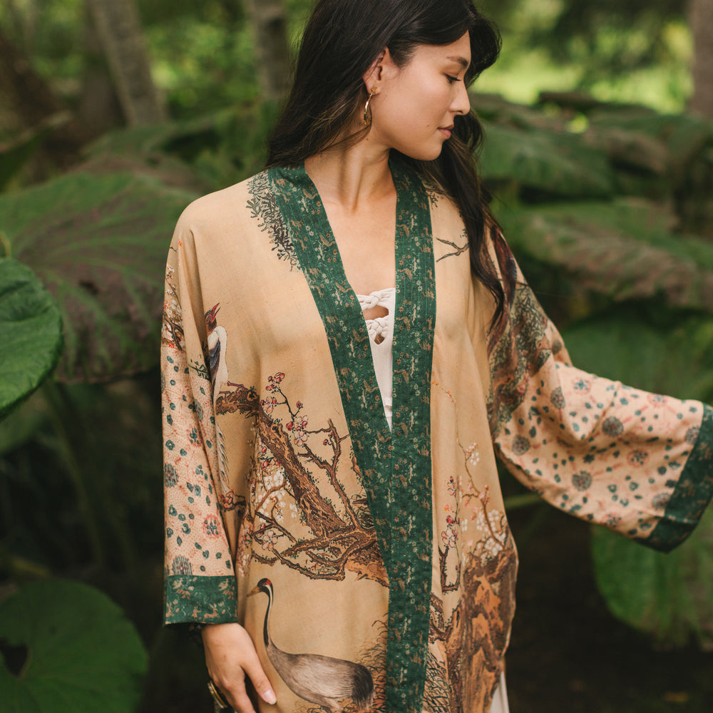 
                  
                    Fable mid-length bamboo blend duster featuring antique Japanese art, cherry and peach blossoms, nightingales, deer, and French block prints - Market of Stars
                  
                