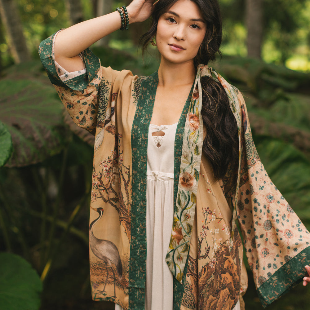 
                  
                    Fable mid-length bamboo blend duster featuring antique Japanese art, cherry and peach blossoms, nightingales, deer, and French block prints - Market of Stars
                  
                