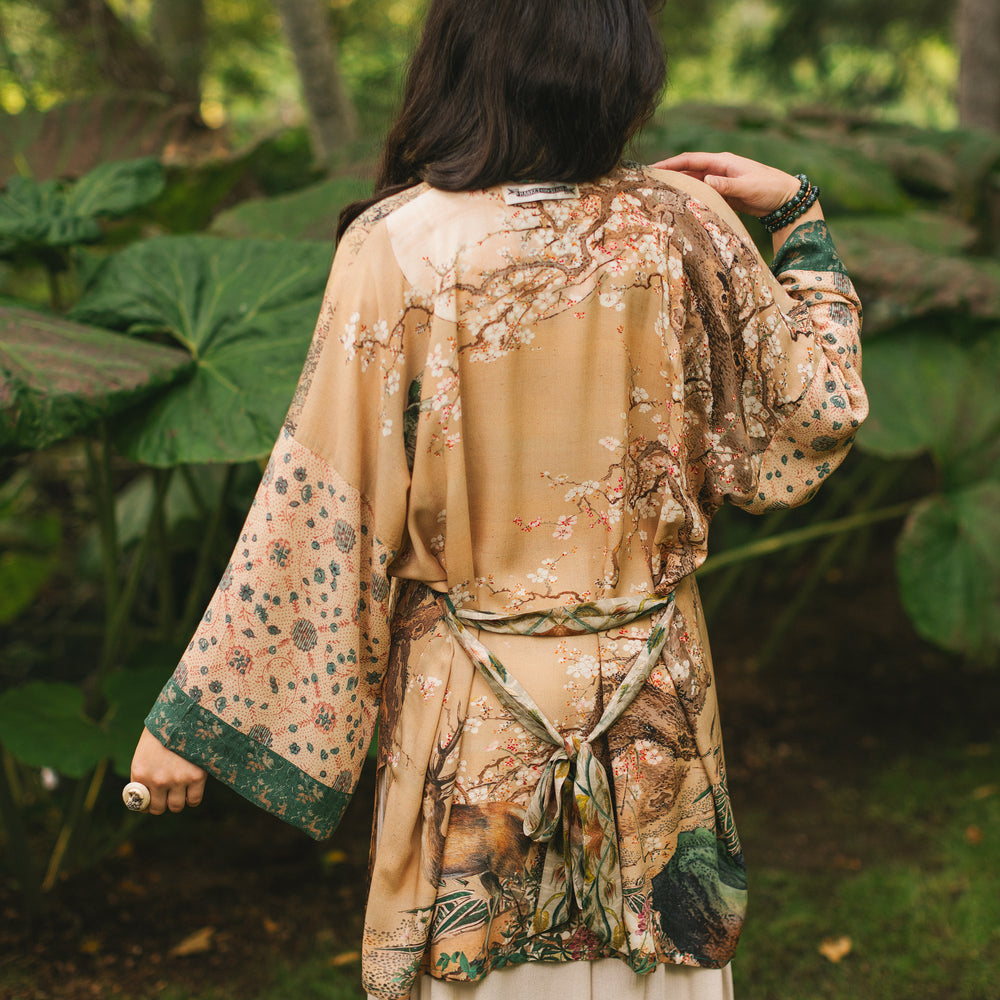 
                  
                    Fable mid-length bamboo blend duster featuring antique Japanese art, cherry and peach blossoms, nightingales, deer, and French block prints - Market of Stars
                  
                
