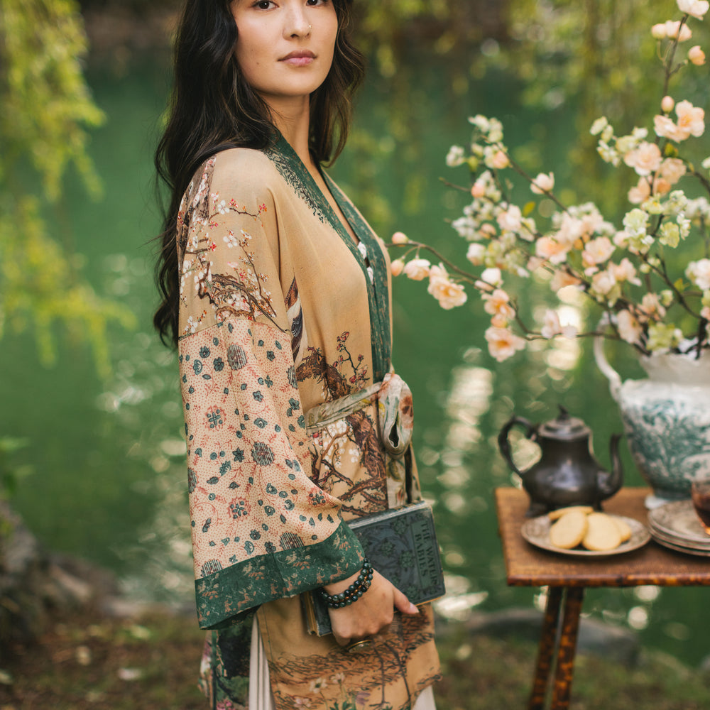 
                  
                    Fable mid-length bamboo blend duster featuring antique Japanese art, cherry and peach blossoms, nightingales, deer, and French block prints - Market of Stars
                  
                