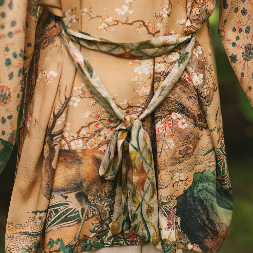 
                  
                    Fable mid-length bamboo blend duster featuring antique Japanese art, cherry and peach blossoms, nightingales, deer, and French block prints - Market of Stars
                  
                