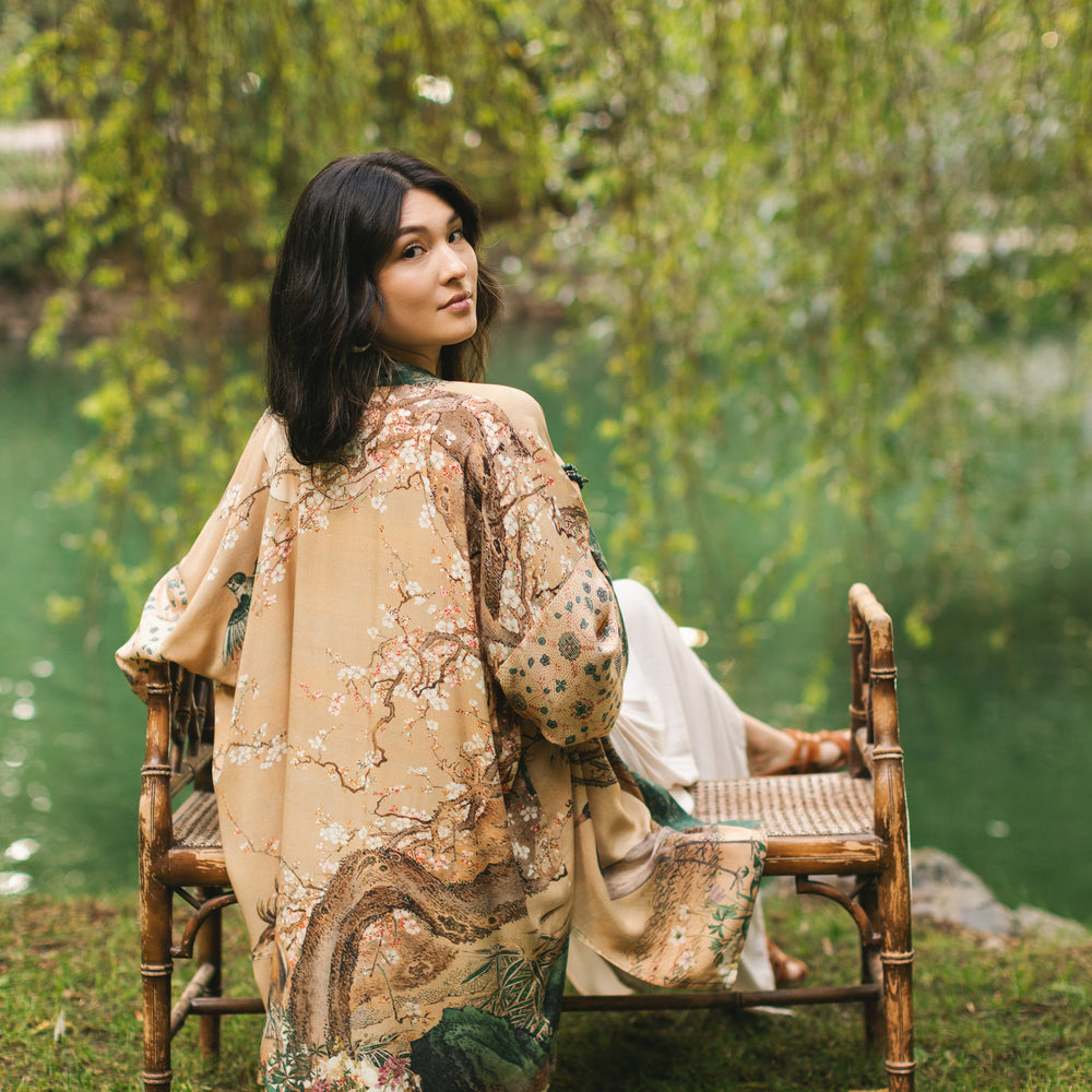 
                  
                    Fable mid-length bamboo blend duster featuring antique Japanese art, cherry and peach blossoms, nightingales, deer, and French block prints - Market of Stars
                  
                