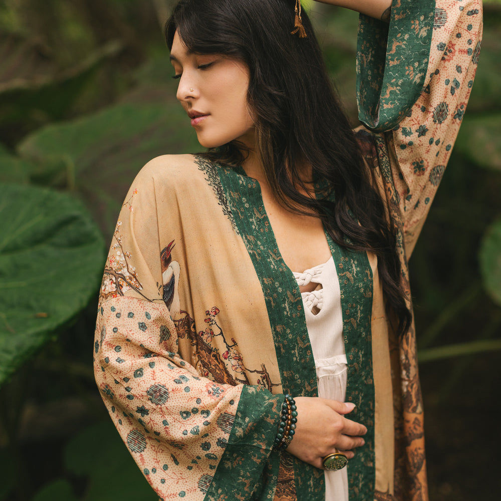 
                  
                    Fable mid-length bamboo blend duster featuring antique Japanese art, cherry and peach blossoms, nightingales, deer, and French block prints - Market of Stars
                  
                