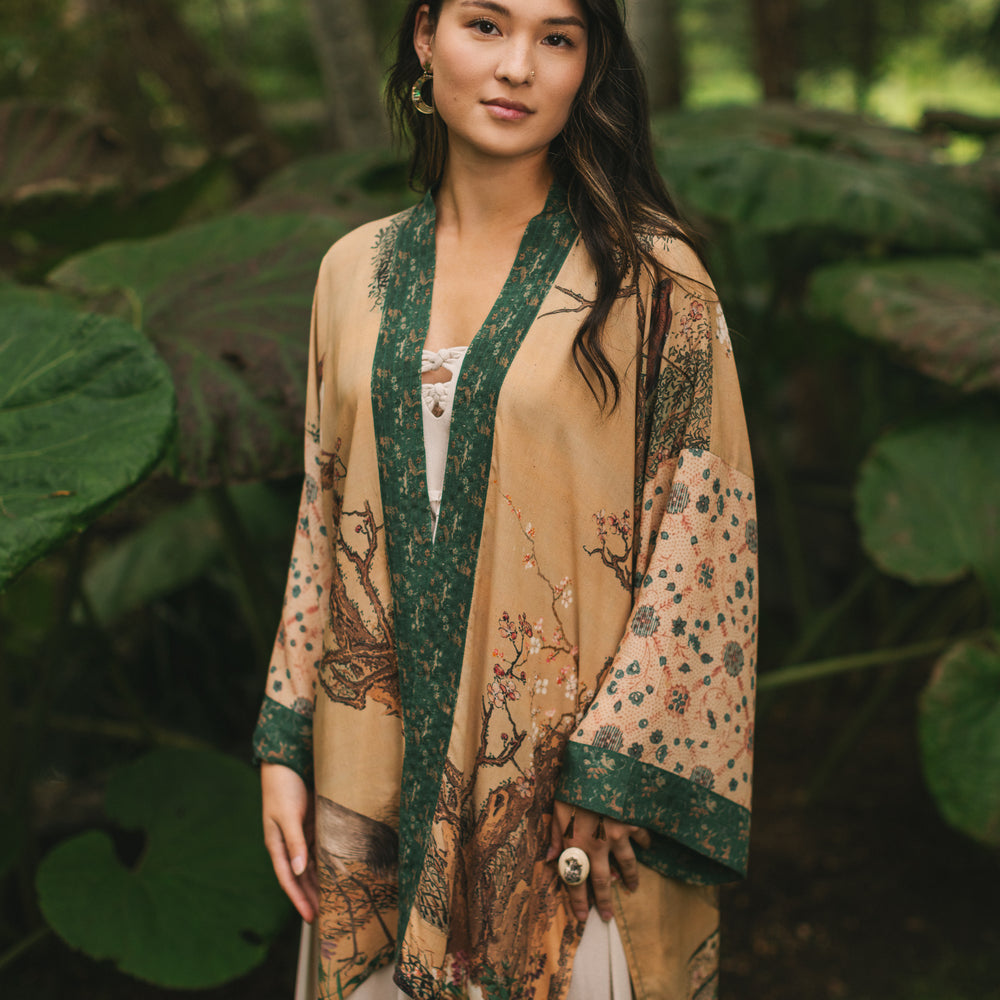 
                  
                    Fable mid-length bamboo blend duster featuring antique Japanese art, cherry and peach blossoms, nightingales, deer, and French block prints - Market of Stars
                  
                