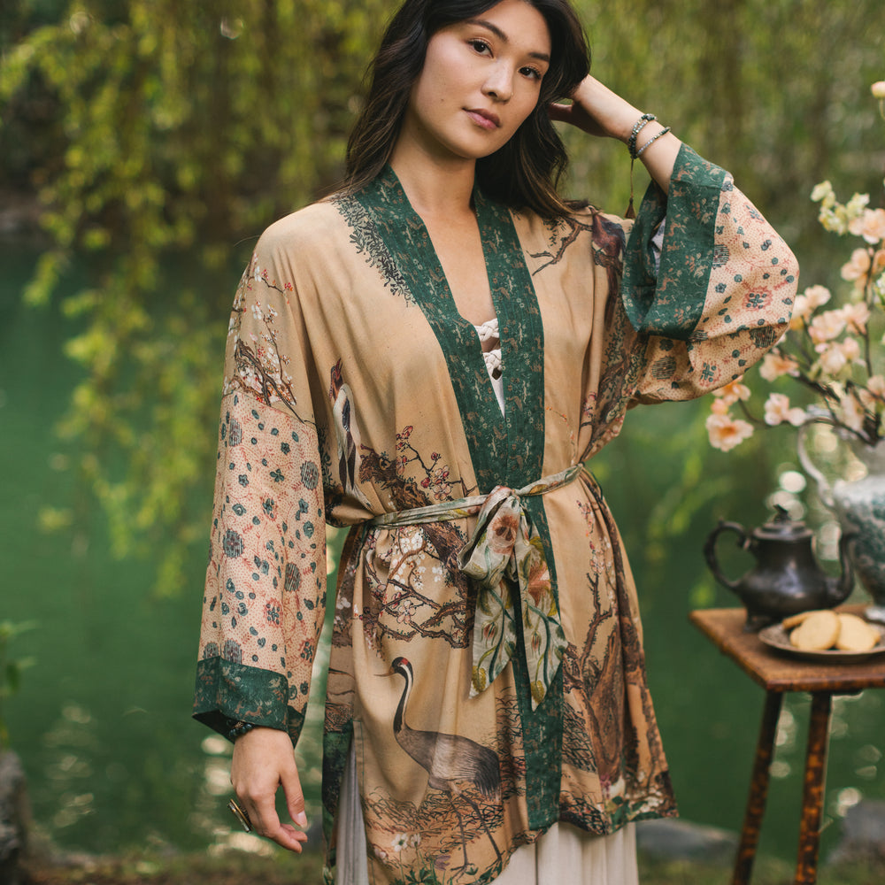 
                  
                    Fable mid-length bamboo blend duster featuring antique Japanese art, cherry and peach blossoms, nightingales, deer, and French block prints - Market of Stars
                  
                