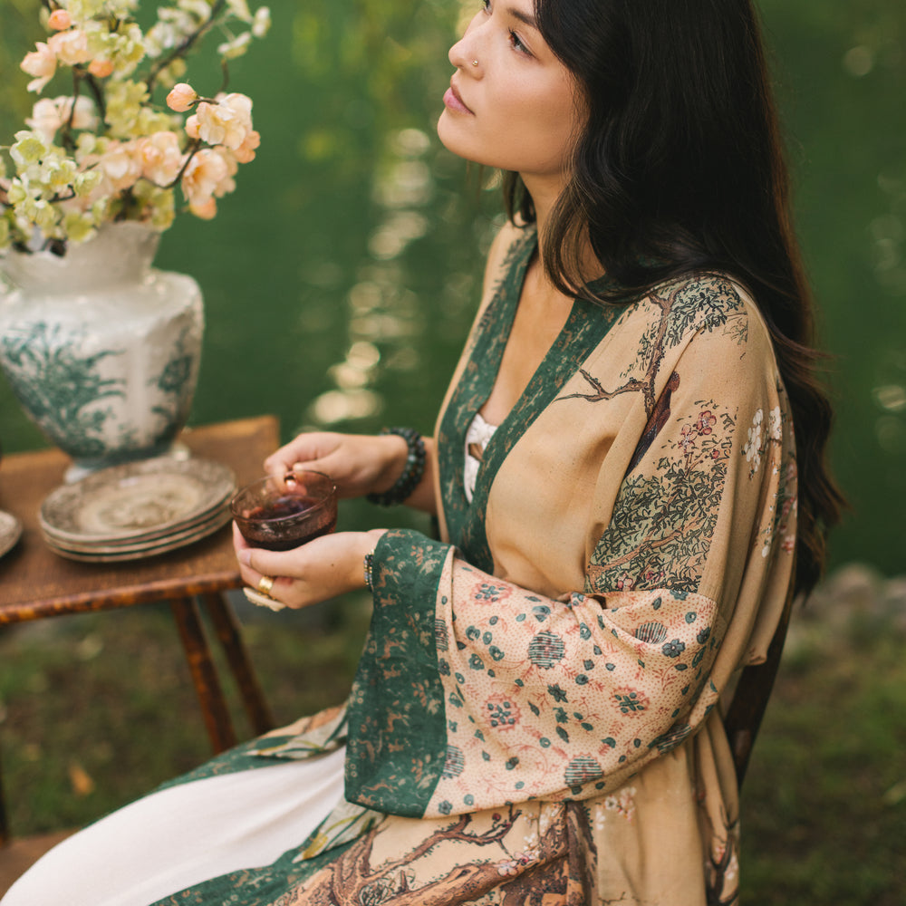 
                  
                    Fable mid-length bamboo blend duster featuring antique Japanese art, cherry and peach blossoms, nightingales, deer, and French block prints - Market of Stars
                  
                