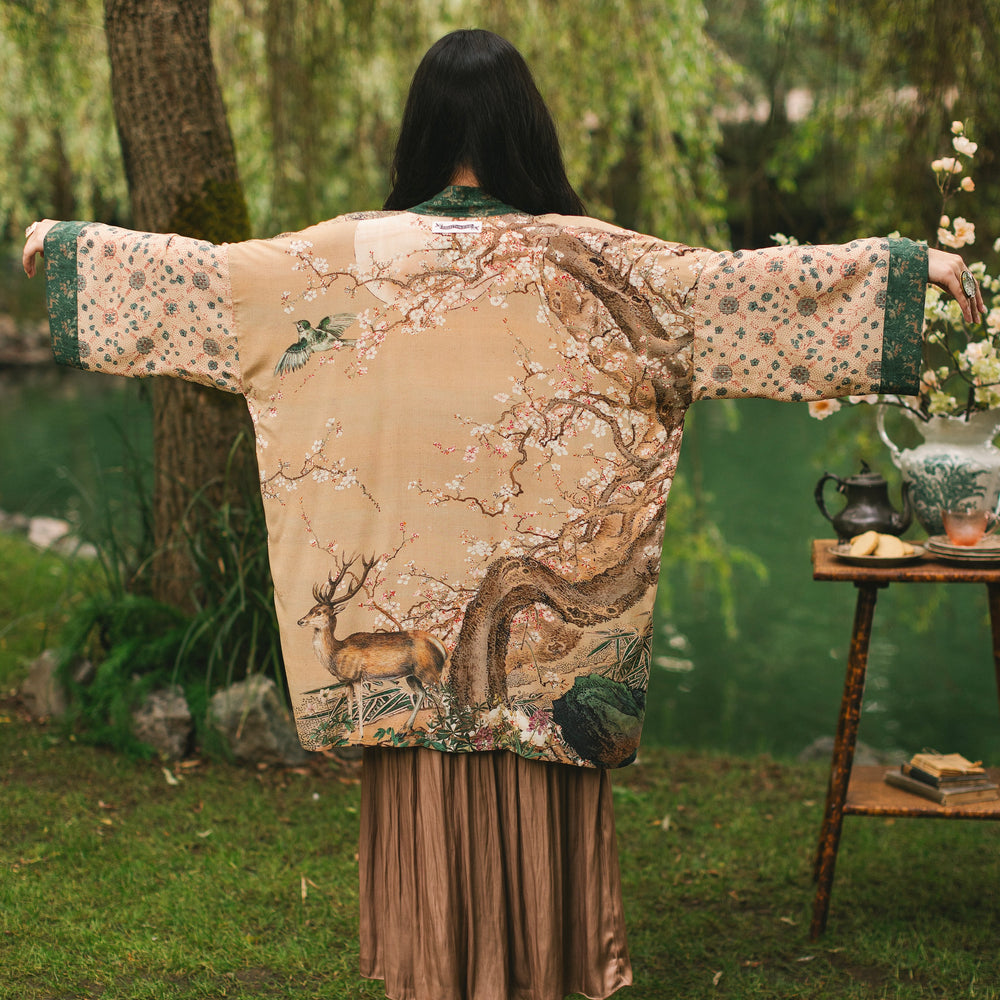 
                  
                    Fable mid-length bamboo blend duster featuring antique Japanese art, cherry and peach blossoms, nightingales, deer, and French block prints - Market of Stars
                  
                