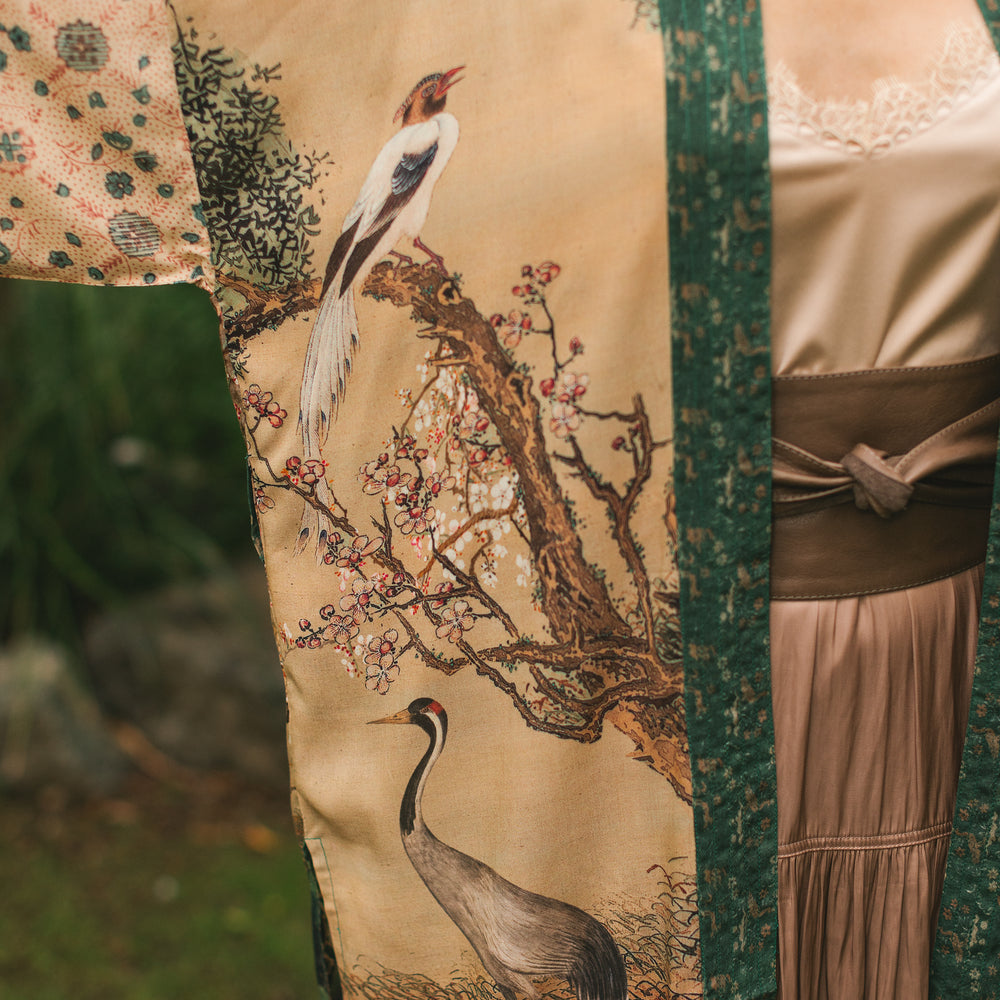 
                  
                    Fable mid-length bamboo blend duster featuring antique Japanese art, cherry and peach blossoms, nightingales, deer, and French block prints - Market of Stars
                  
                