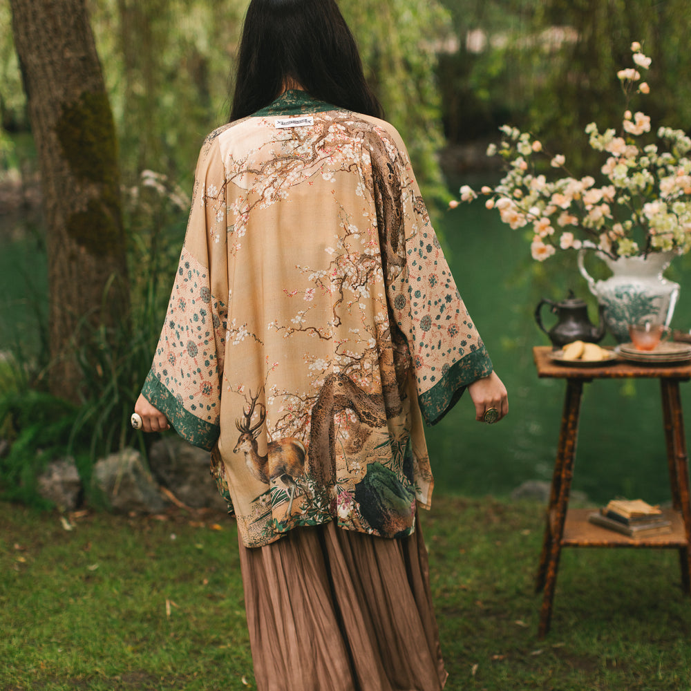 
                  
                    Fable mid-length bamboo blend duster featuring antique Japanese art, cherry and peach blossoms, nightingales, deer, and French block prints - Market of Stars
                  
                