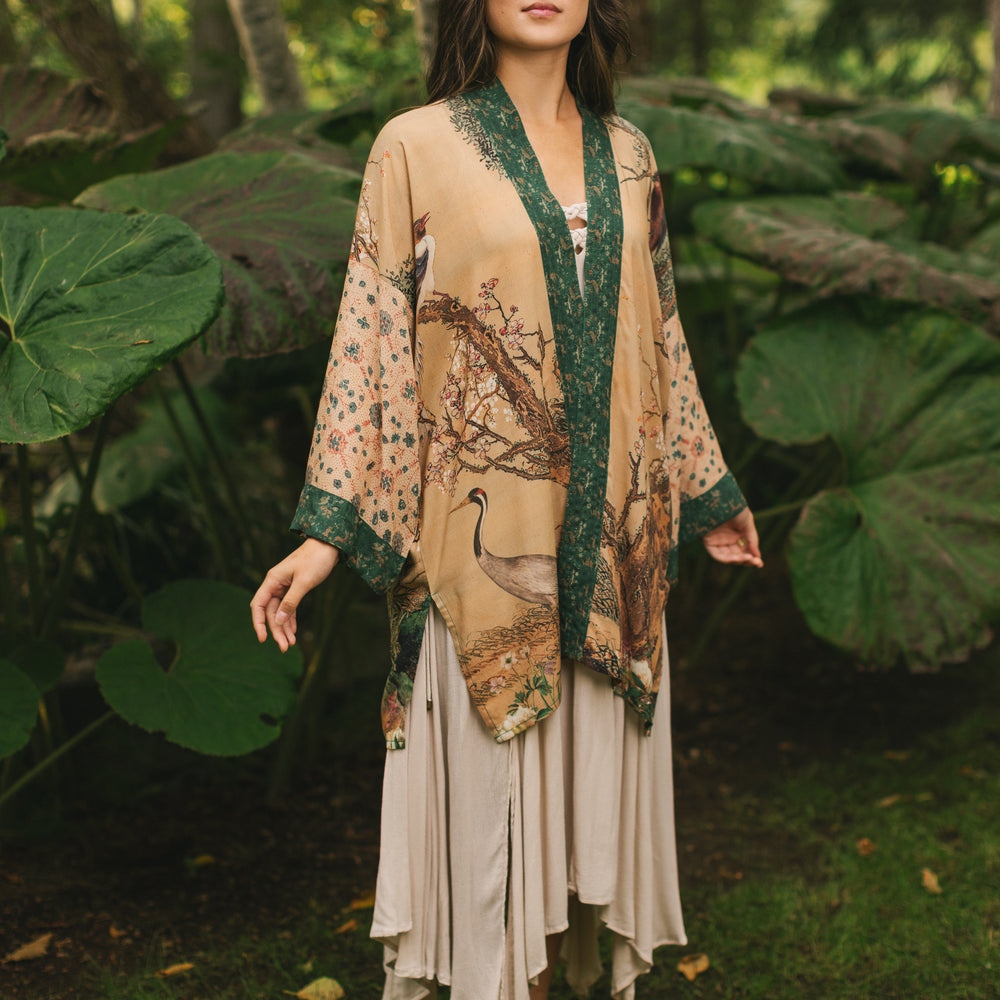
                  
                    Fable mid-length bamboo blend duster featuring antique Japanese art, cherry and peach blossoms, nightingales, deer, and French block prints - Market of Stars
                  
                