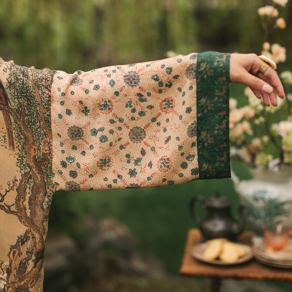 
                  
                    Fable mid-length bamboo blend duster featuring antique Japanese art, cherry and peach blossoms, nightingales, deer, and French block prints - Market of Stars
                  
                