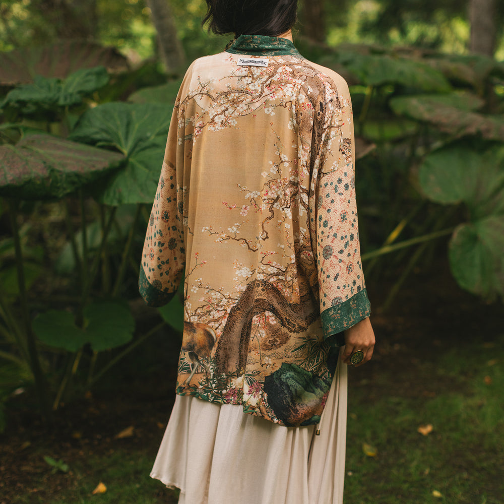 
                  
                    Fable mid-length bamboo blend duster featuring antique Japanese art, cherry and peach blossoms, nightingales, deer, and French block prints - Market of Stars
                  
                