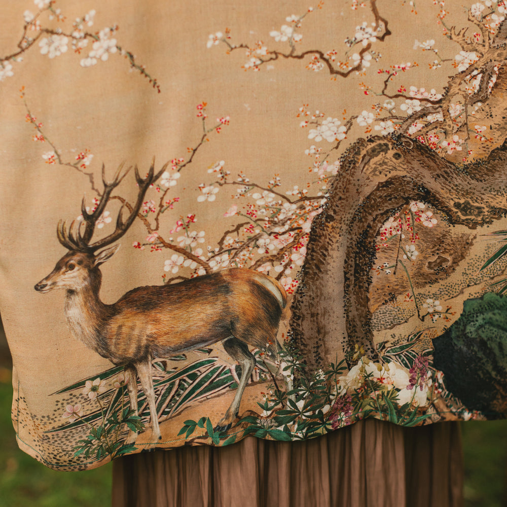 
                  
                    Fable mid-length bamboo blend duster featuring antique Japanese art, cherry and peach blossoms, nightingales, deer, and French block prints - Market of Stars
                  
                