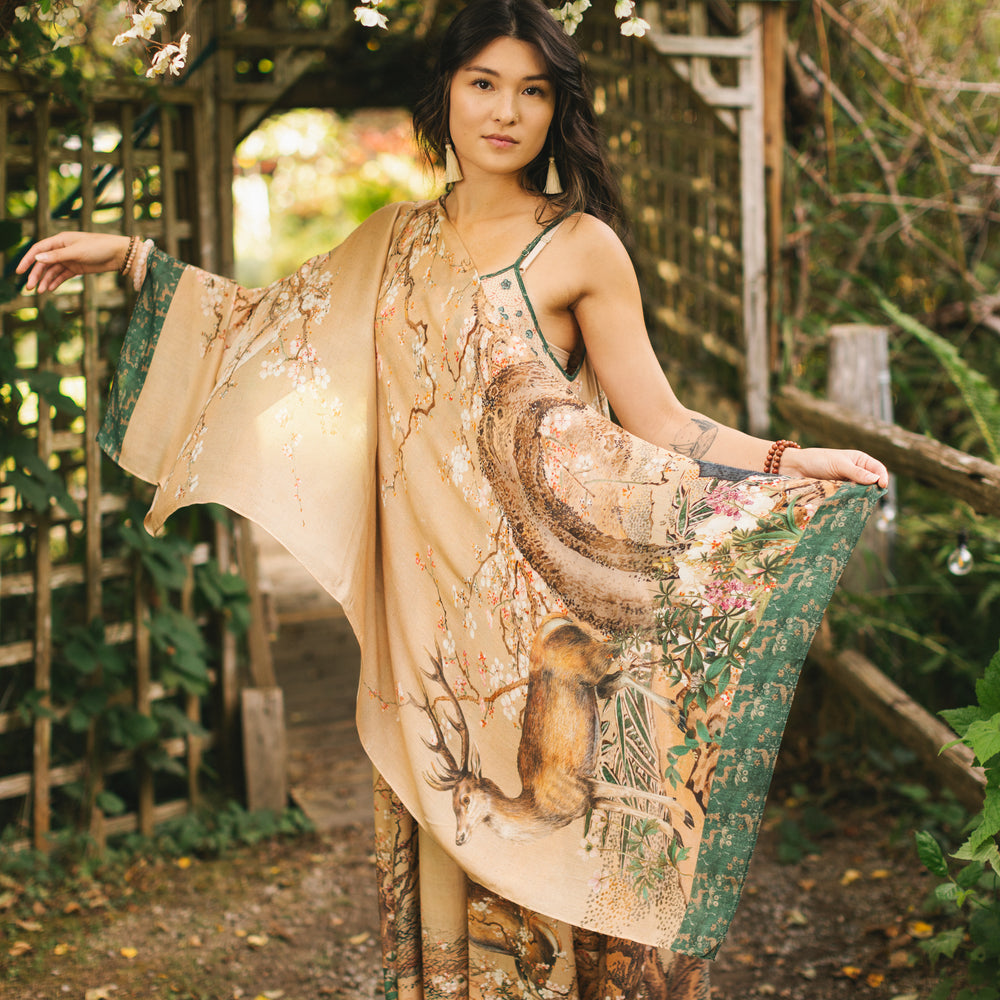 
                  
                    Lightweight and soft Fable scarf featuring antique Japanese art, cherry and peach blossoms, nightingales, deer, and French block prints - Market of Stars
                  
                