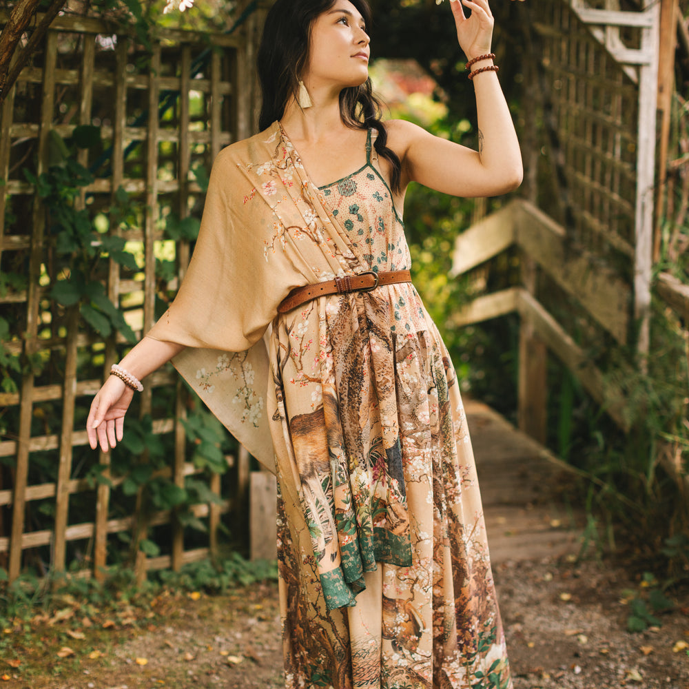 
                  
                    Lightweight and soft Fable scarf featuring antique Japanese art, cherry and peach blossoms, nightingales, deer, and French block prints - Market of Stars
                  
                