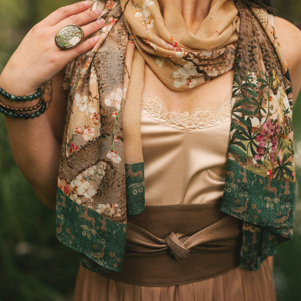 
                  
                    Lightweight and soft Fable scarf featuring antique Japanese art, cherry and peach blossoms, nightingales, deer, and French block prints - Market of Stars
                  
                