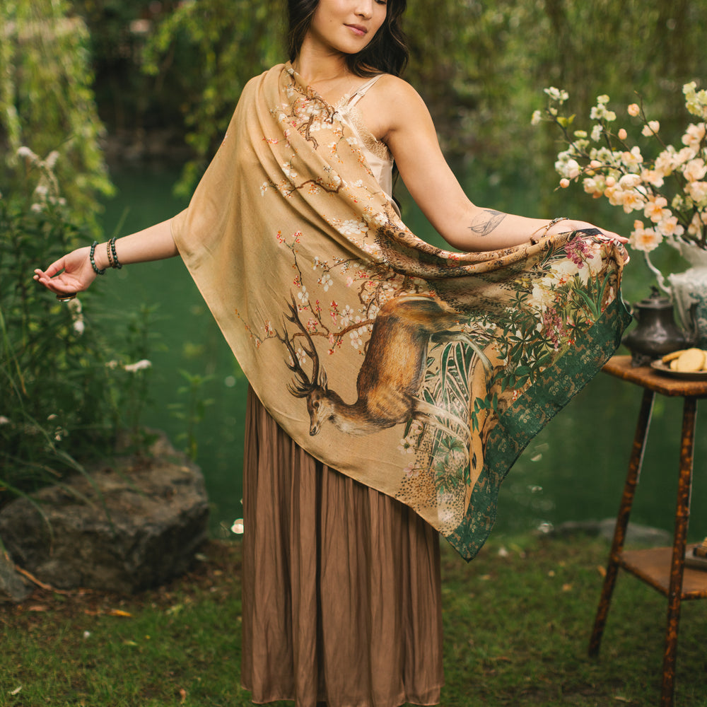 
                  
                    Lightweight and soft Fable scarf featuring antique Japanese art, cherry and peach blossoms, nightingales, deer, and French block prints - Market of Stars
                  
                