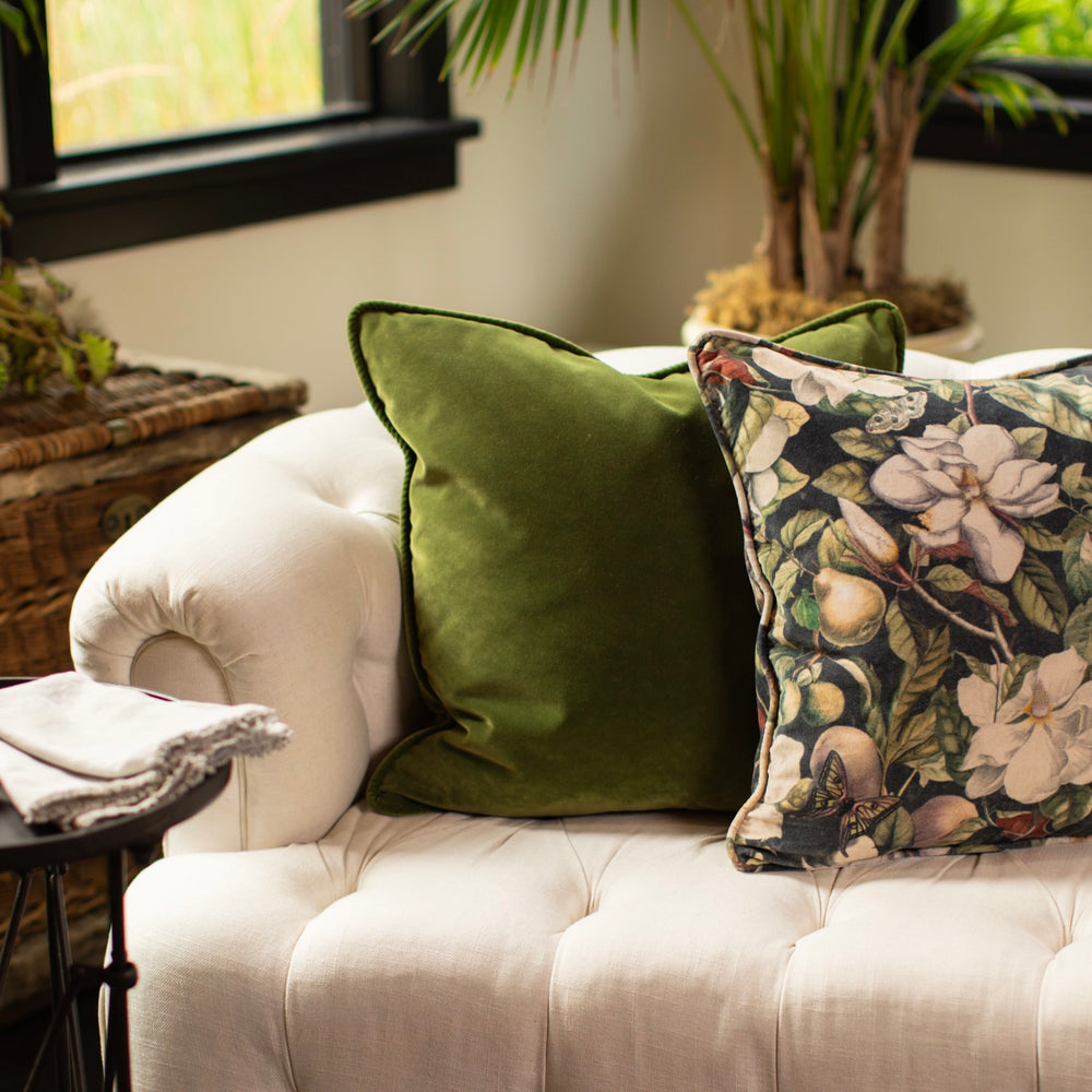 
                  
                    A soft cotton velvet cushion ft. vintage lithographs of magnolias & 1800's etchings of moths and pears - Market of Stars
                  
                