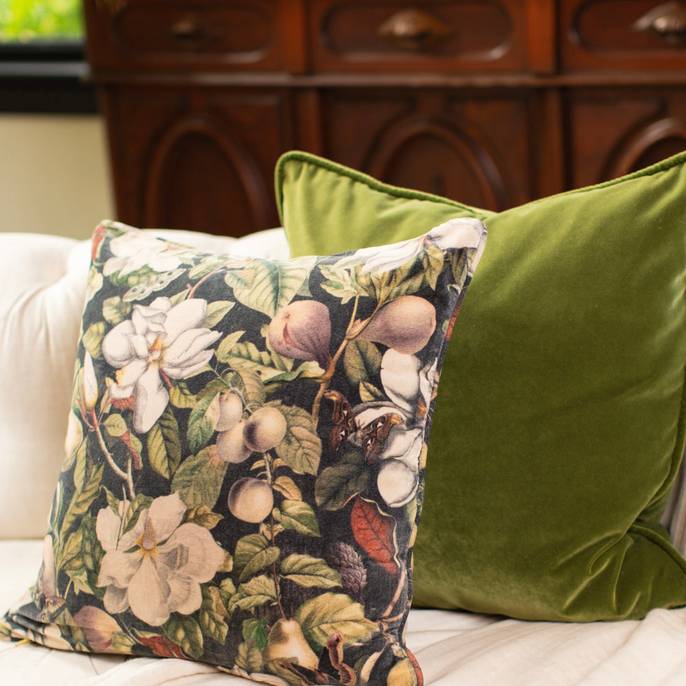 
                  
                    A soft cotton velvet cushion ft. vintage lithographs of magnolias & 1800's etchings of moths and pears - Market of Stars
                  
                