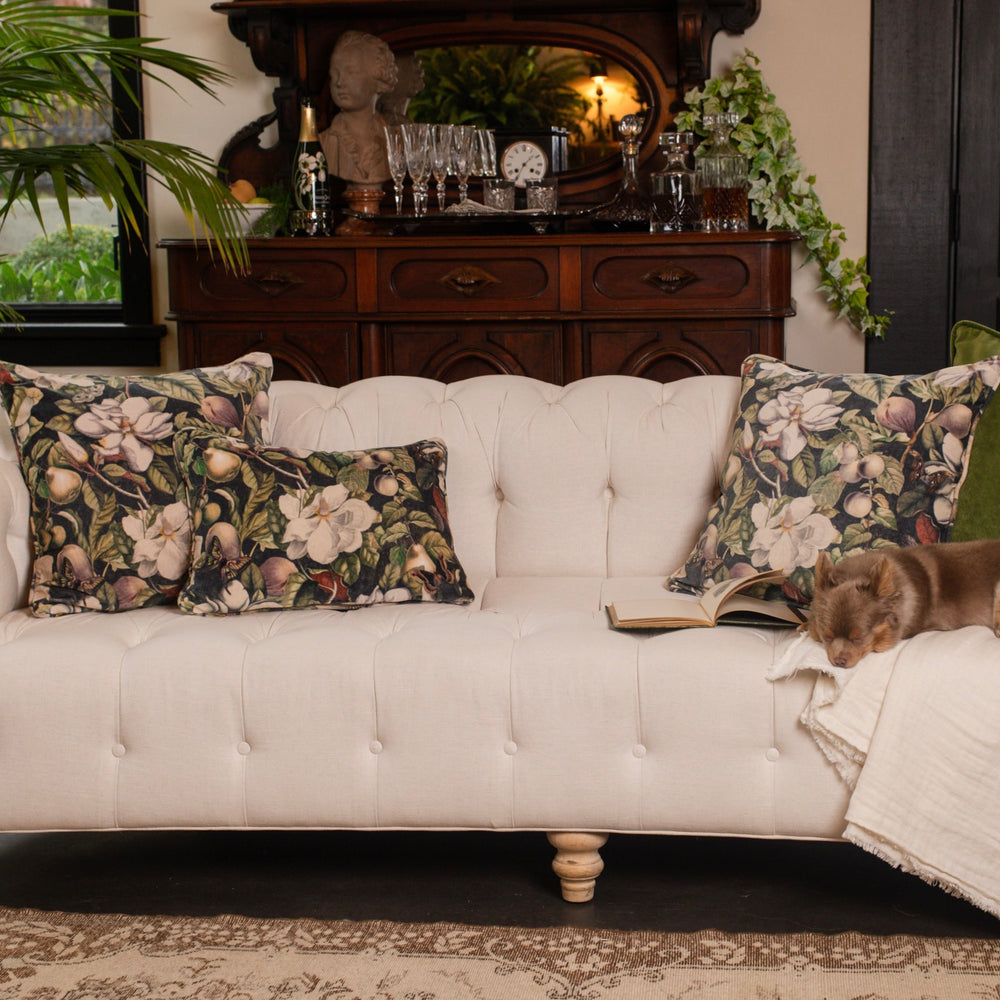 
                  
                    A soft cotton velvet cushion ft. vintage lithographs of magnolias & 1800's etchings of moths and pears - Market of Stars
                  
                