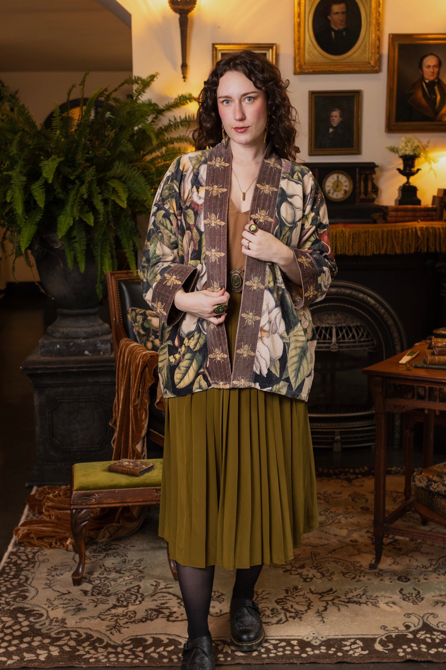 Model wearing a soft cotton velvet duster ft. vintage lithographs of magnolias & 1800's etchings of moths and pears - Market of Stars