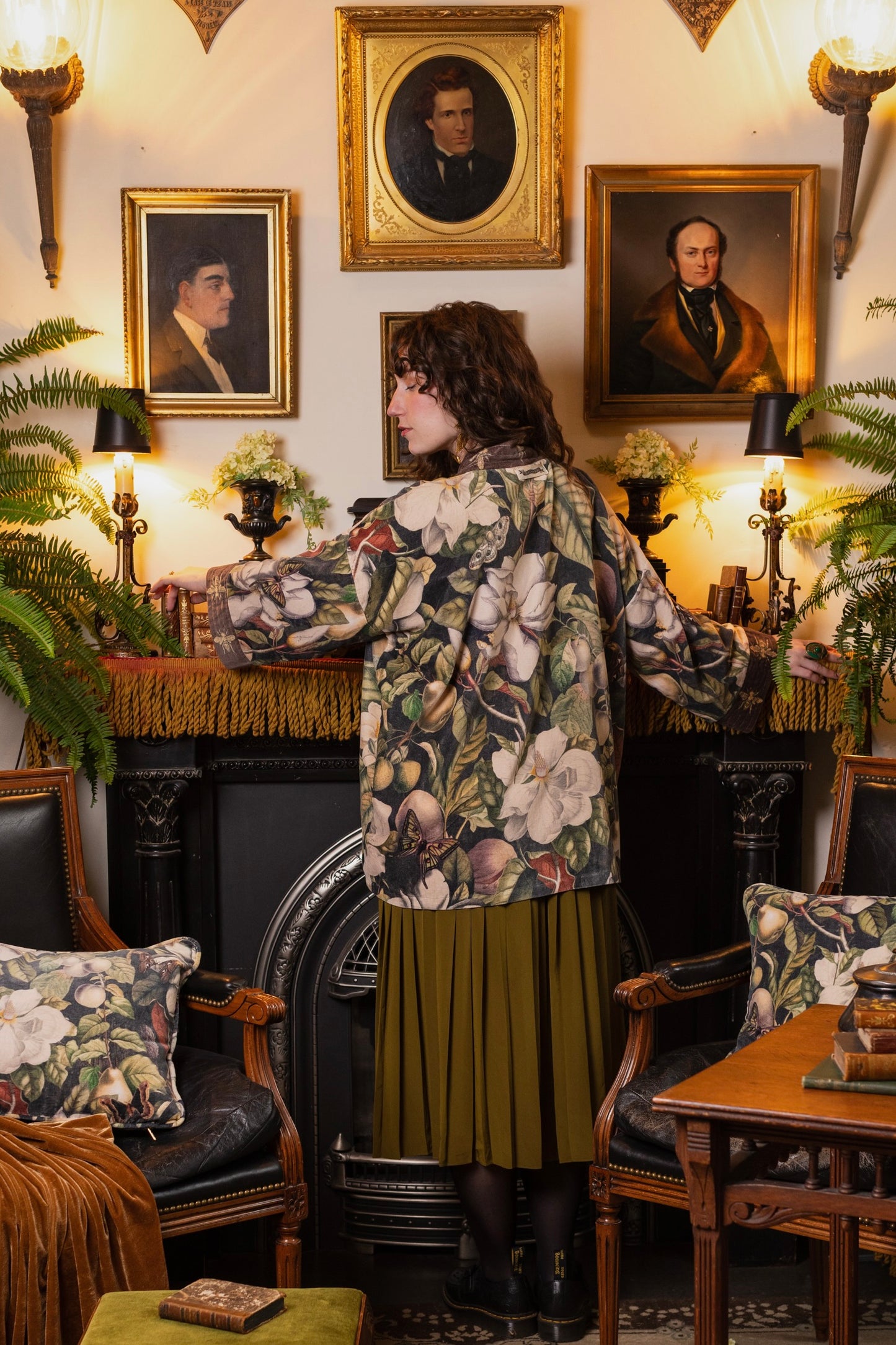 Model wearing a soft cotton velvet duster ft. vintage lithographs of magnolias & 1800's etchings of moths and pears - Market of Stars