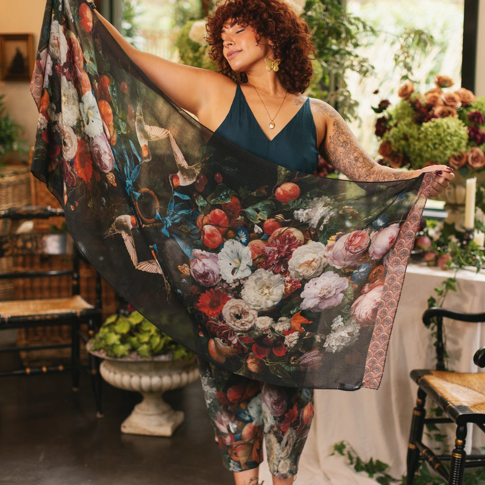 Hummingbirds and vintage floral artwork come to life on the Flight of Fancy Scarf – a lightweight, everyday scarf inspired by the paintings of Rachel Ruysch – Market of Stars.